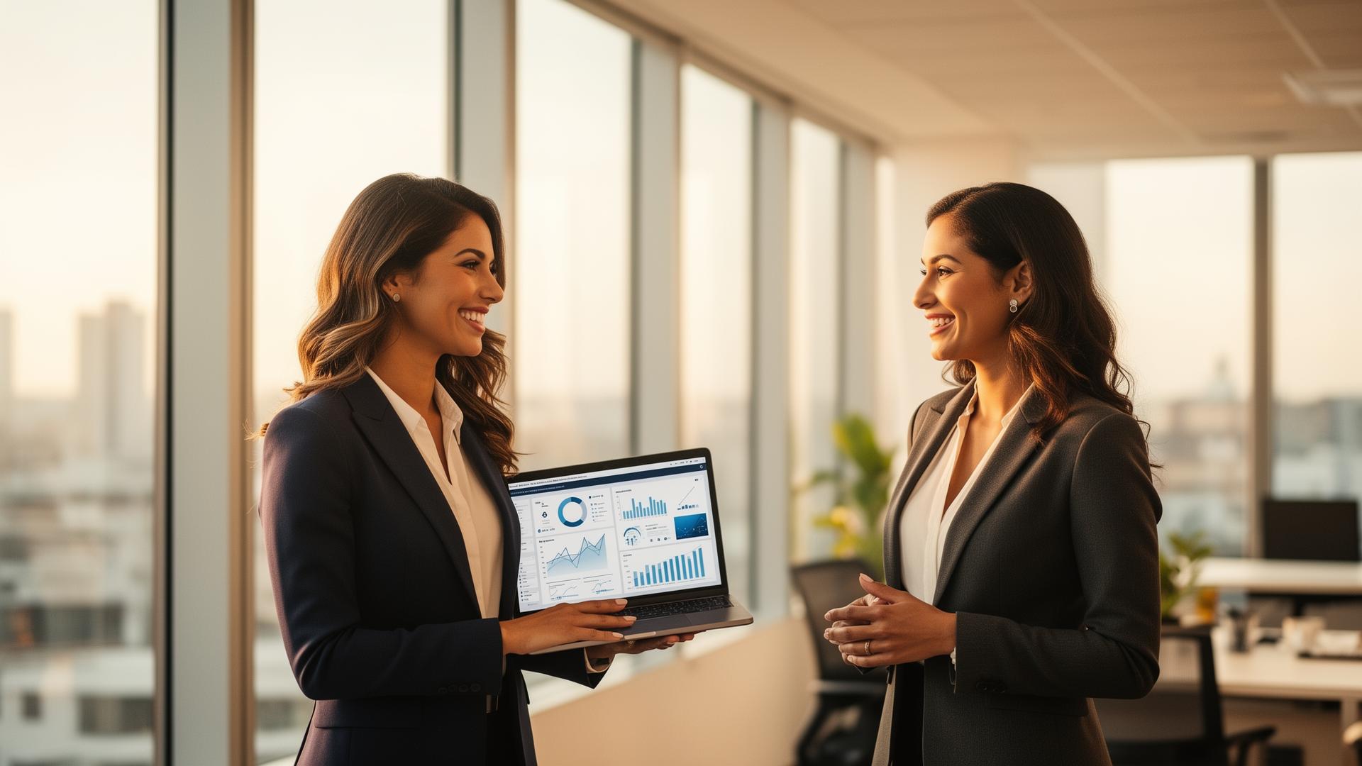 Equipe de consultoras R.A. IT Solutions em ambiente corporativo analisando dashboards de dados